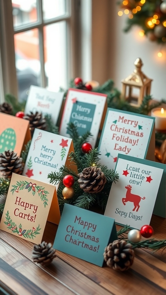 A collection of colorful homemade Christmas cards on a wooden table with holiday decorations.